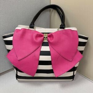 Betsy Johnson Black White Striped Handbag Pink Bow Gold HW Statement Purse